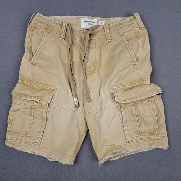 Abercrombie Fitch Cargo Shorts Mens 31 Tan Distressed Paratrooper Drawstring Y2K - Picture 1 of 16